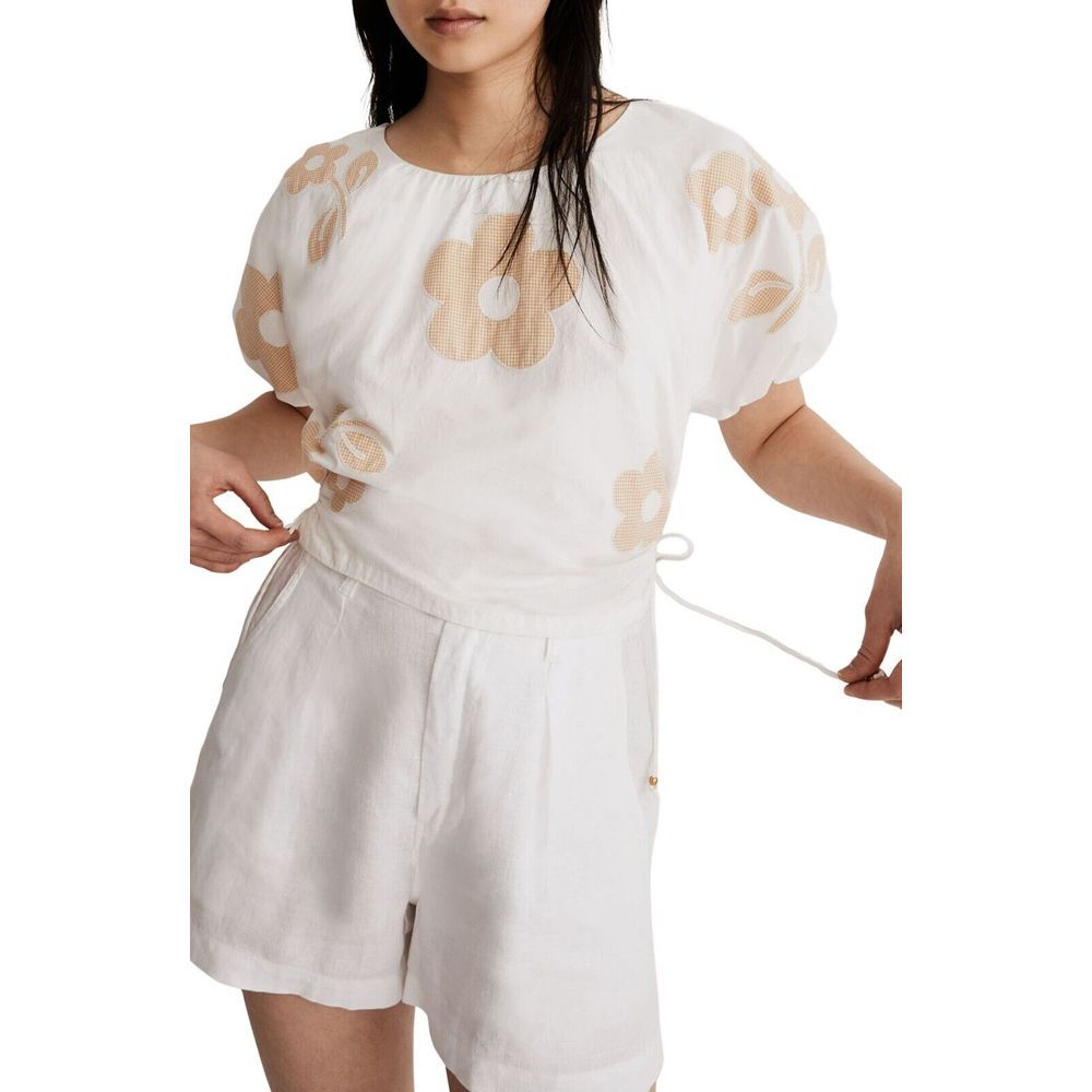 Madewell Embroidered Puff Sleeve Cutout Crop Poplin Top Eyelet White Floralβ XXS